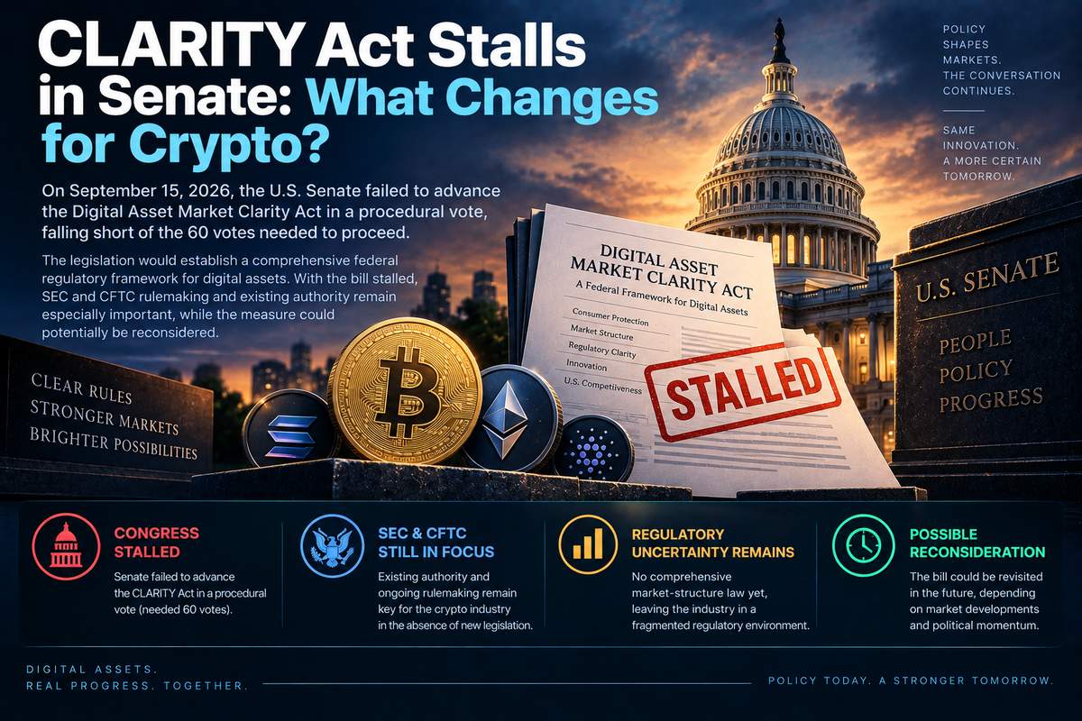 CLARITY Act se frena en el Senado: qué cambia para cripto