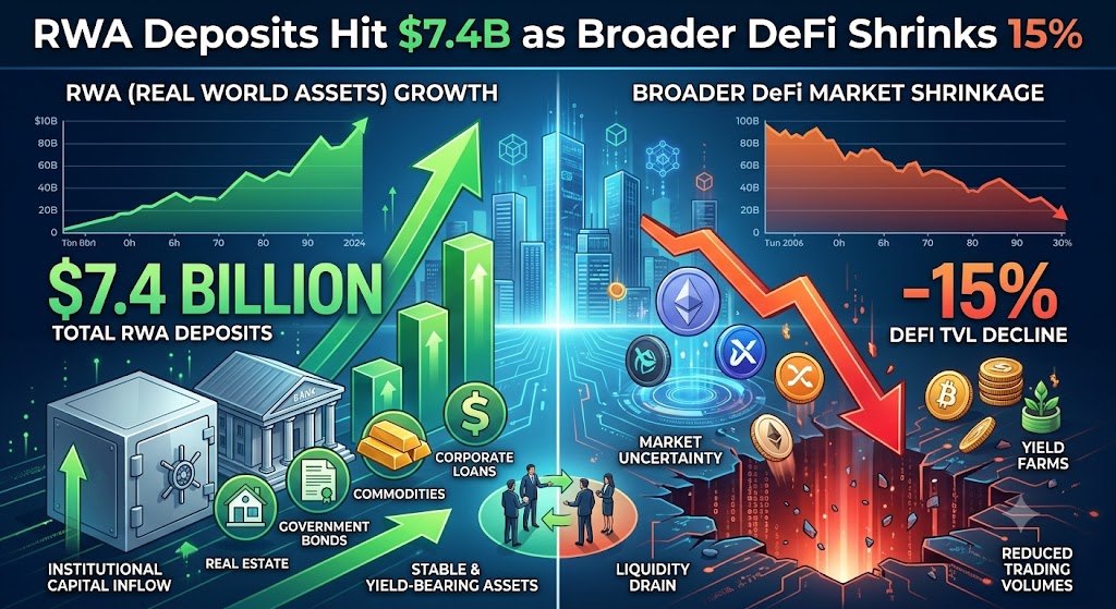 RWA Deposits Hit $7.4B as Broader DeFi Shrinks 15%