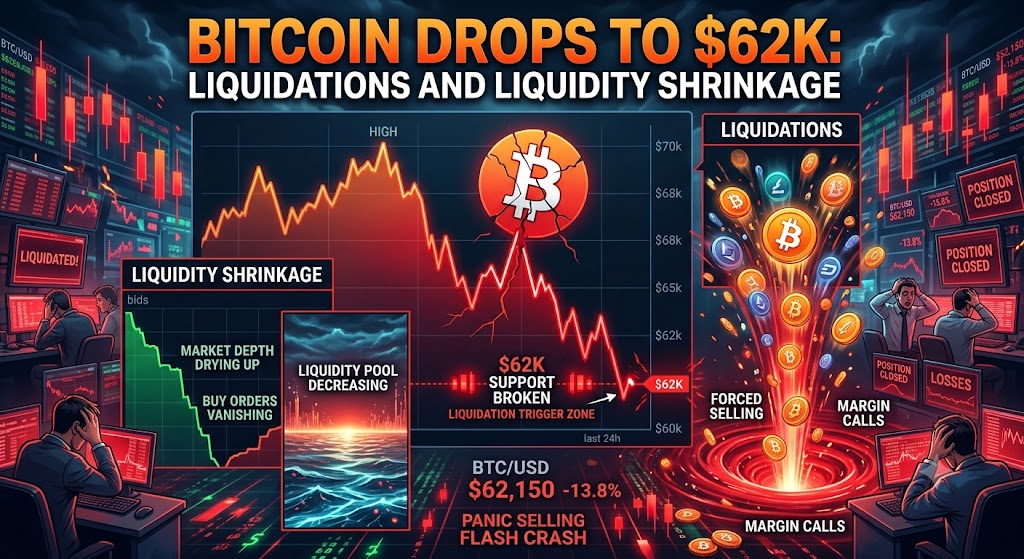 Bitcoin Drops to $62K: Liquidations and Liquidity Shrinkage
