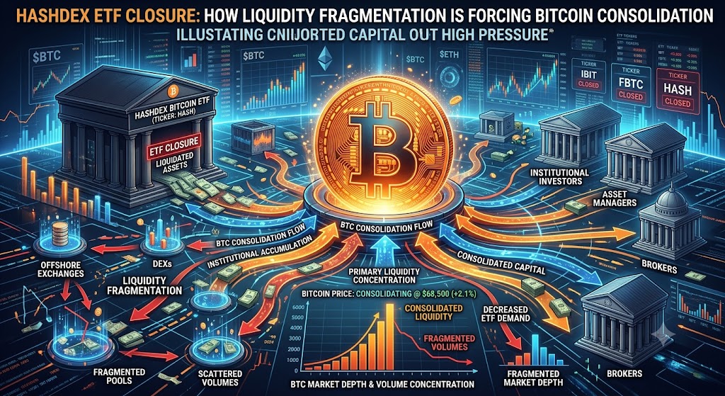 Abstract 3D visualization of a digital vault shattering, releasing a stream of glowing golden data blocks into a vast, dark financial network, symbolizing an ETF liquidation.